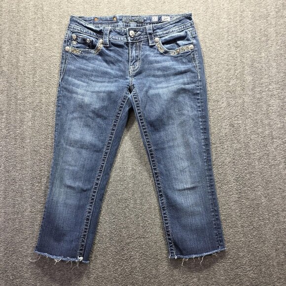 Miss Me Jeans Womens 27 Blue Mid Rise Easy Skinny Embellished Raw Hem *Cut off* - Picture 1 of 10